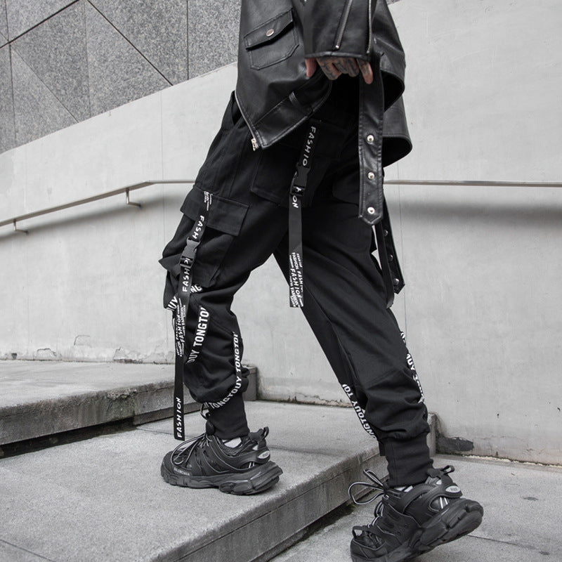MULTI-POCKET STREETWEAR CARGO JOGGERS WITH TETHRED WAIST