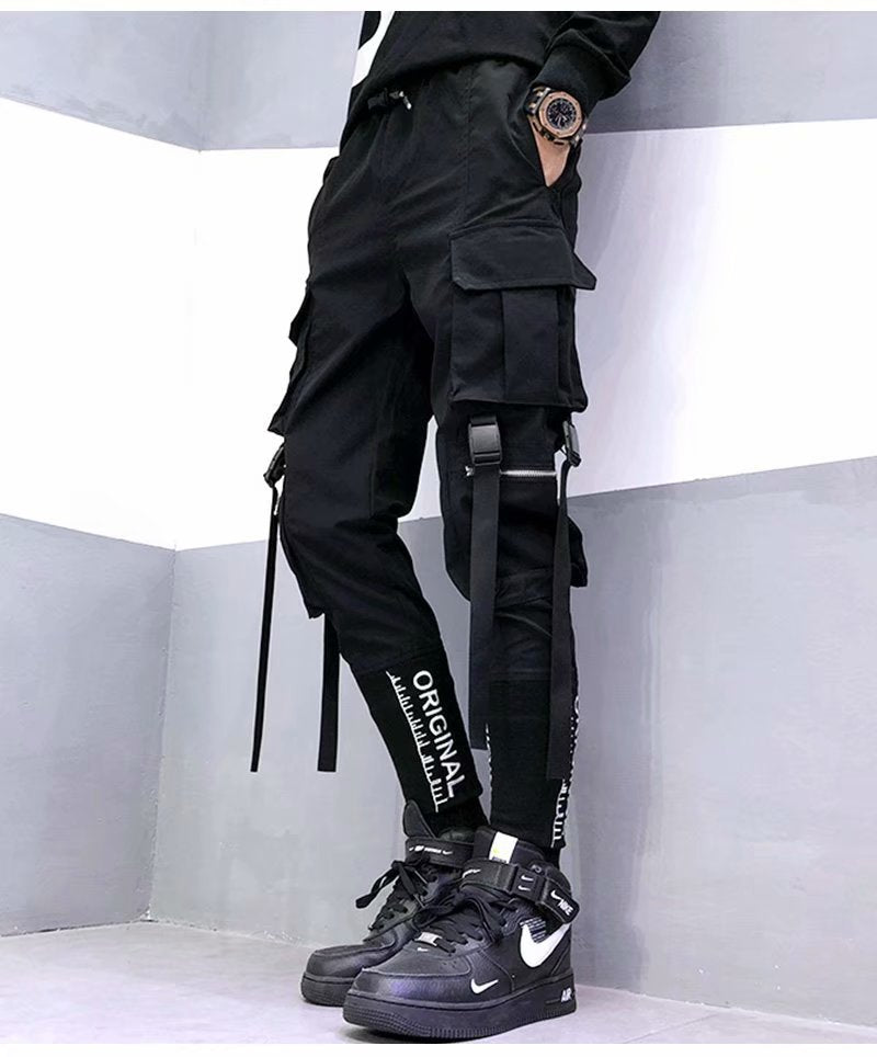 Black slim-fit cargo pants with adjustment  buckles