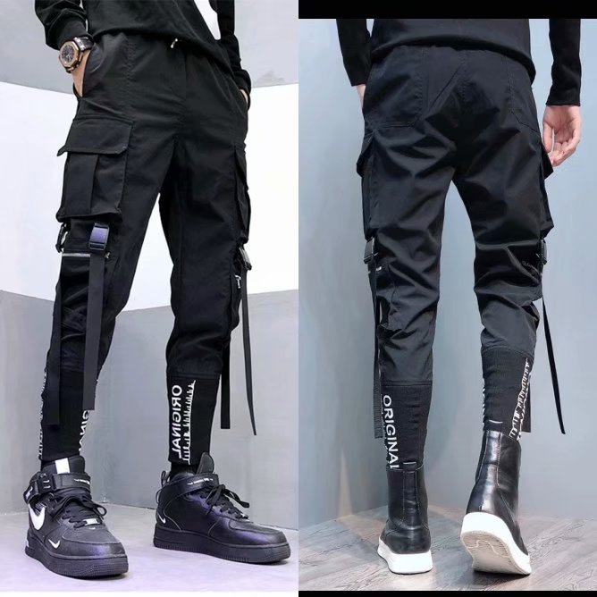 Black slim-fit cargo pants with adjustment  buckles