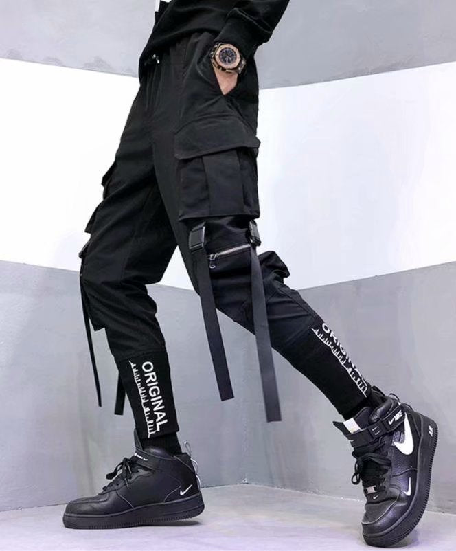 Black slim-fit cargo pants with adjustment  buckles