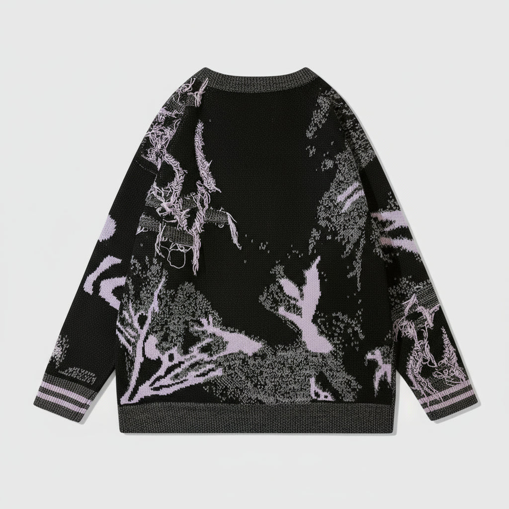 Back design of loose-fit black sweater ideal for rave culture enthusiasts and techno music lovers