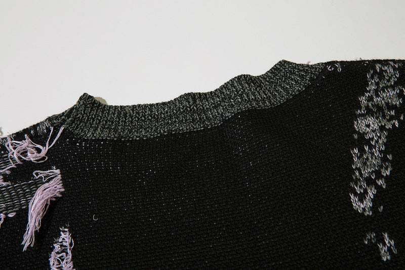 Back Close-up of glitch style graphics on acrylic sweater designed for underground scene