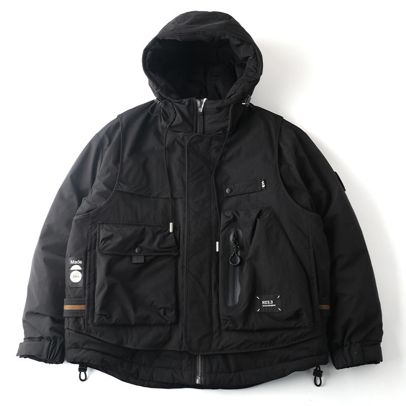 Oversized corduroy hooded down jacket in black and brown colorways with multi-pocket design