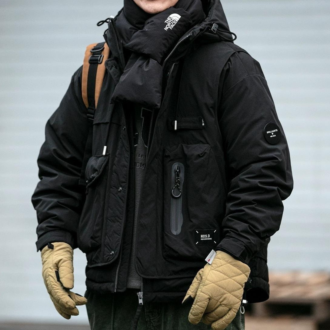 Oversized corduroy hooded down jacket in black and brown colorways with multi-pocket design