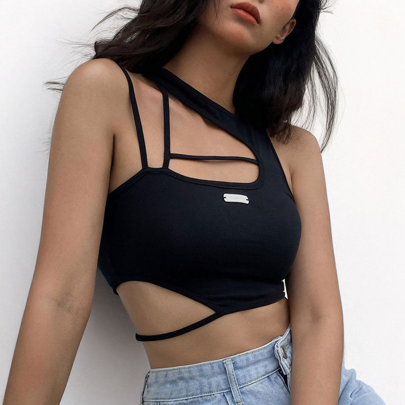 MODERN ASYMMETRICAL CUT BLACK COTTON CROP TOP
