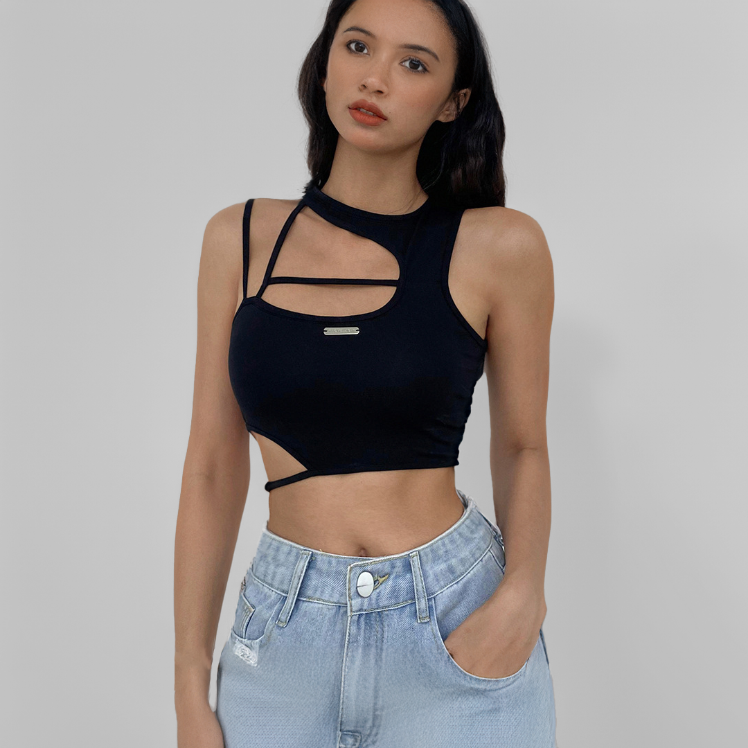 MODERN ASYMMETRICAL CUT BLACK COTTON CROP TOP