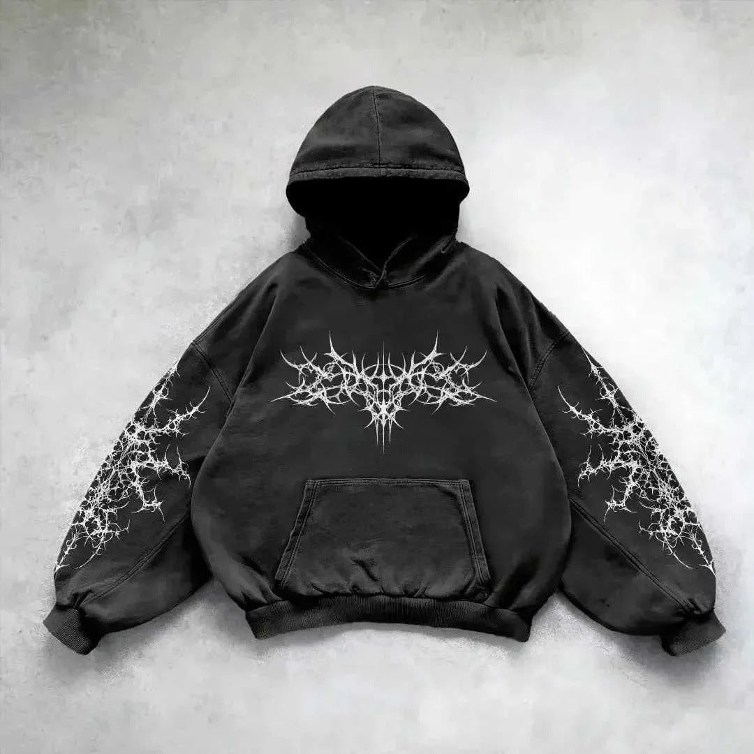 aged hoodie printed with a gothic typographic motif