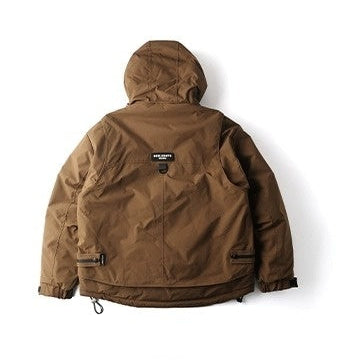 Oversized corduroy hooded down jacket in black and brown colorways with multi-pocket design