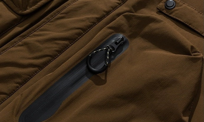 Oversized corduroy hooded down jacket in black and brown colorways with multi-pocket design