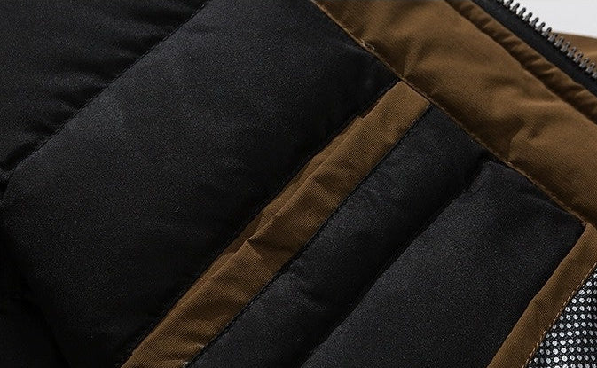 Oversized corduroy hooded down jacket in black and brown colorways with multi-pocket design