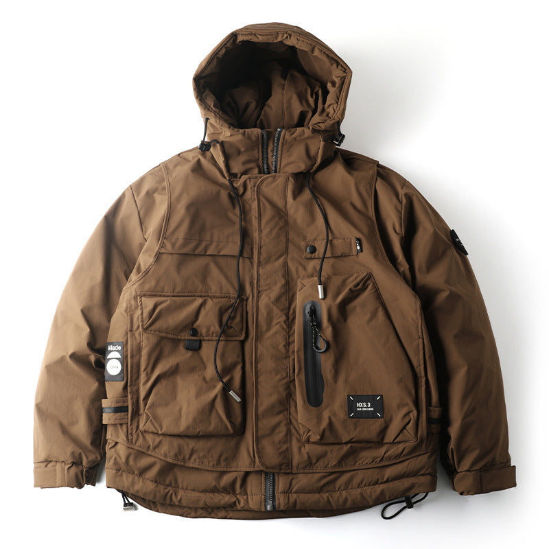 Oversized corduroy hooded down jacket in black and brown colorways with multi-pocket design