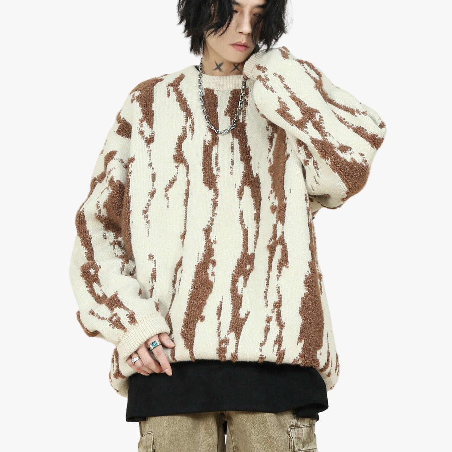 Apricot contrast color sweater for techno rave festivals featuring irregular design perfect for winter electronic music events