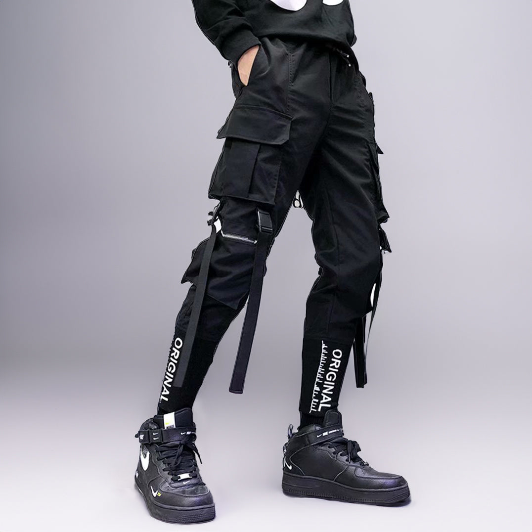 Black slim-fit cargo pants with adjustment  buckles
