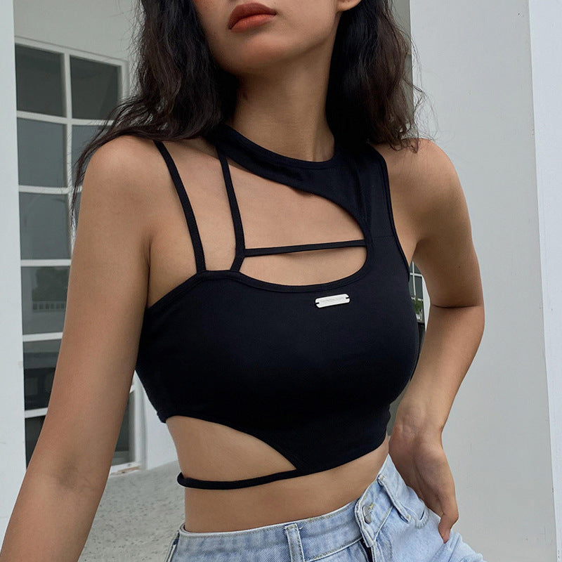 MODERN ASYMMETRICAL CUT BLACK COTTON CROP TOP