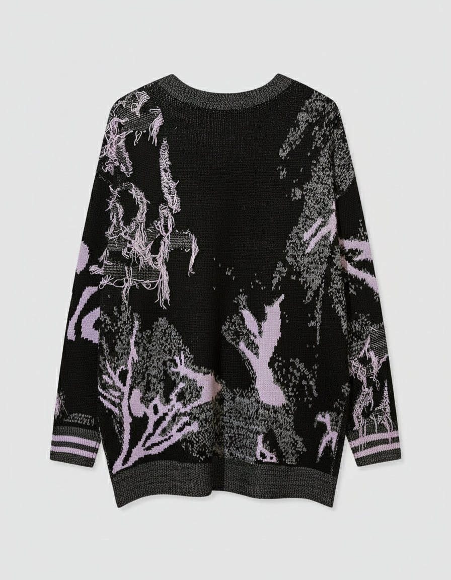 Black vintage techno rave sweater front view with national style pattern perfect for festival outfits and warehouse parties