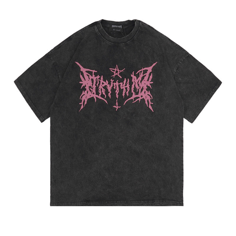 T-shirt en coton délavé et lettrage satanique brodé