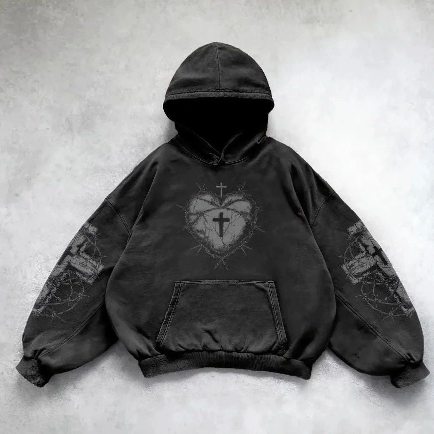 aged hoodie printed with a cross heart and barbed wire motif