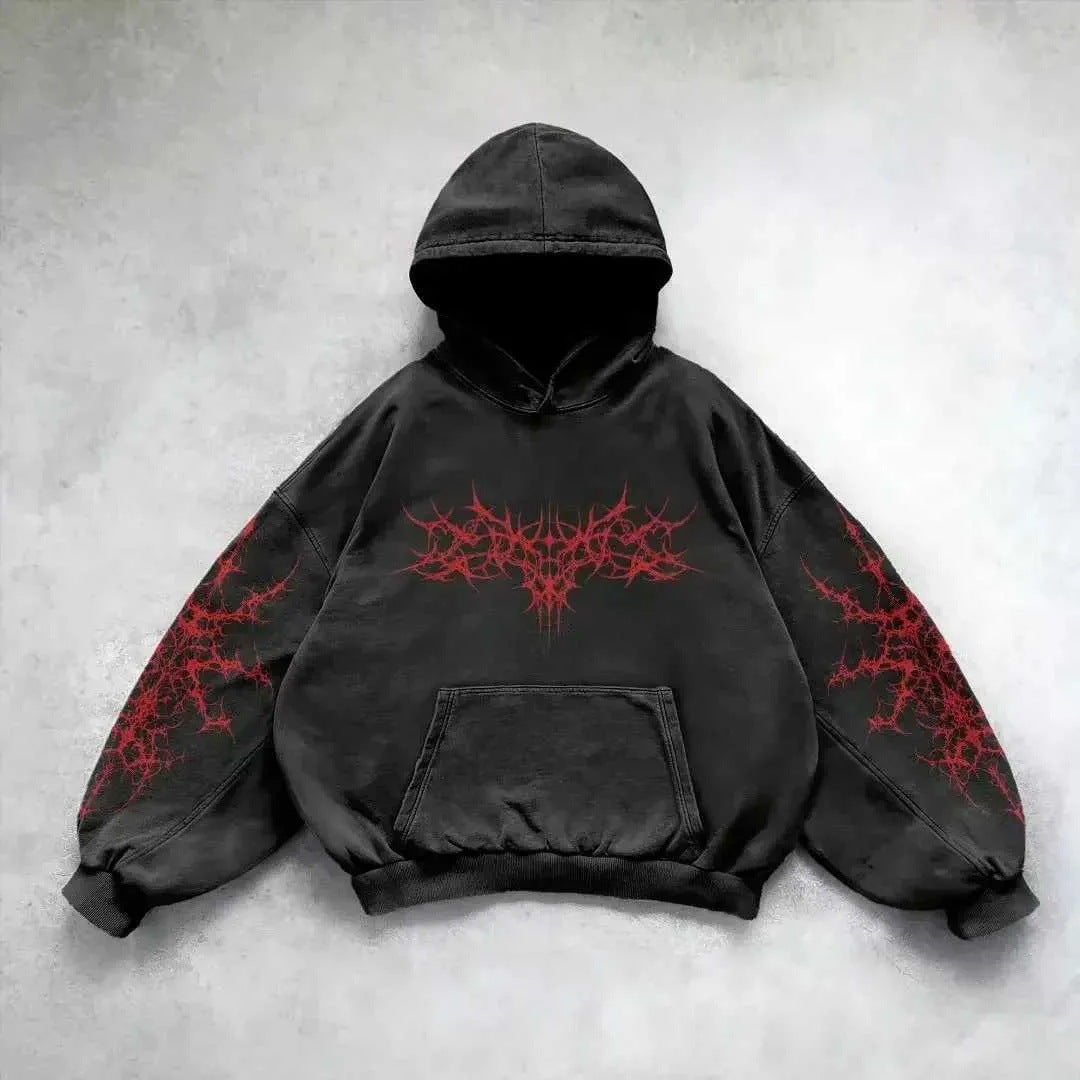 aged hoodie printed with a gothic typographic motif