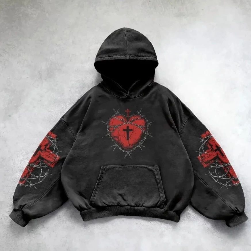 aged hoodie printed with a cross heart and barbed wire motif