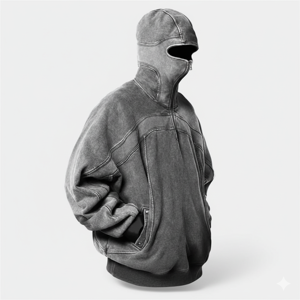 Gray cotton balaclava hoodie with zipper and patchwork design – loose fit streetwear