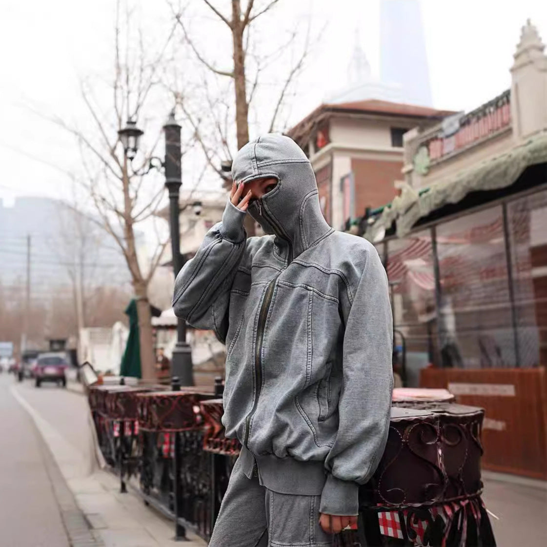 Urban Rebel Balaclava Hoodie – vintage patchwork sweater with zipper, cyberpunk streetwear style