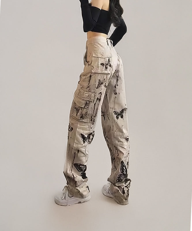Wide leg cargo trousers with ink splatter and butterfly print