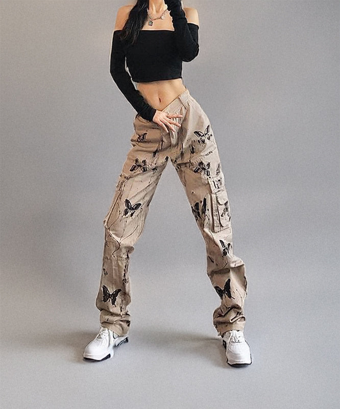 Wide leg cargo trousers with ink splatter and butterfly print