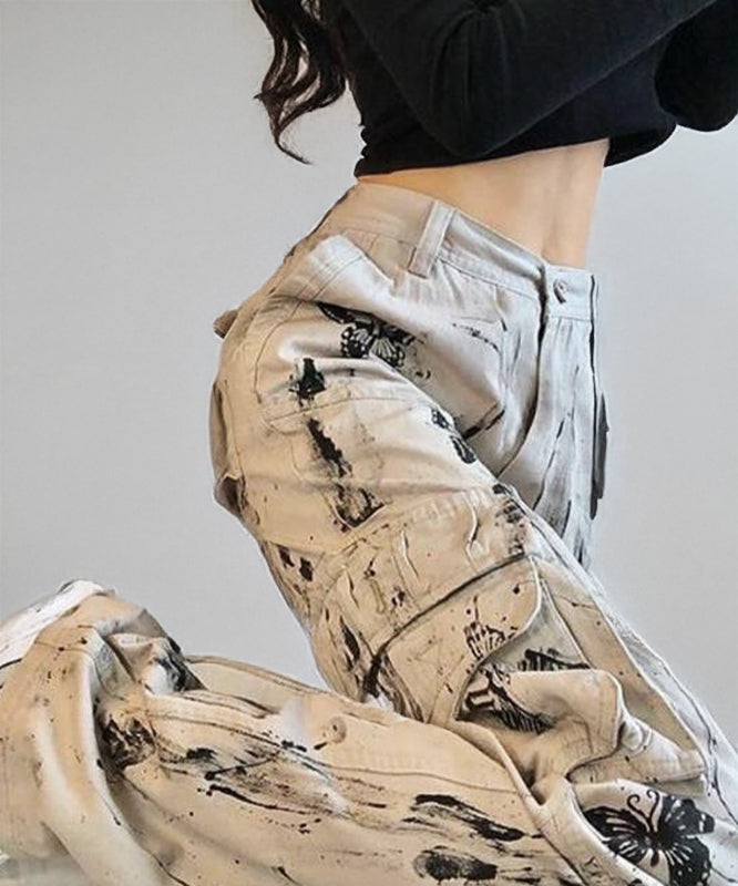 Wide leg cargo trousers with ink splatter and butterfly print