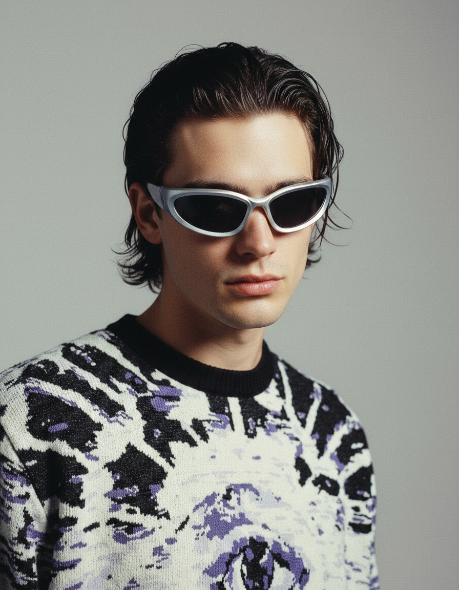 raver wearing speed glasses and a psychedelic knitted sweater
