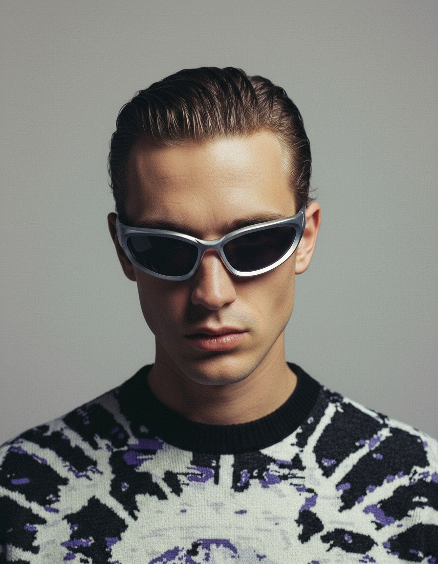 european man wearing rave glasses and a glitched knitted sweater