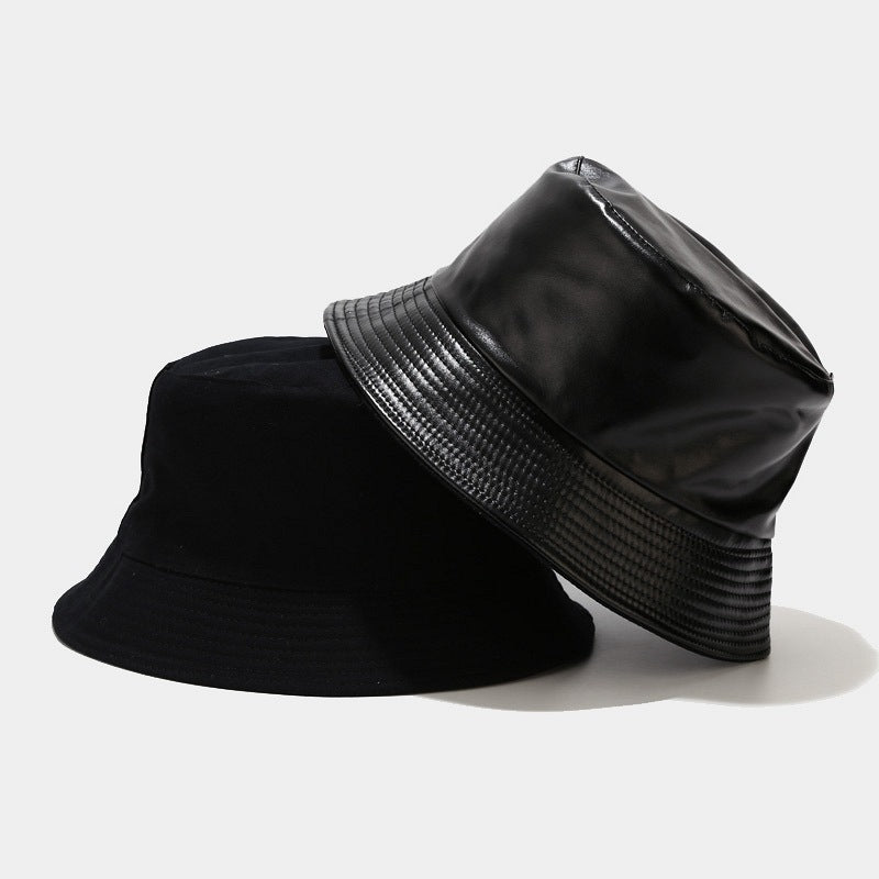 BLACK LEATHER DOUBLE-SIDED FISHERMAN HAT