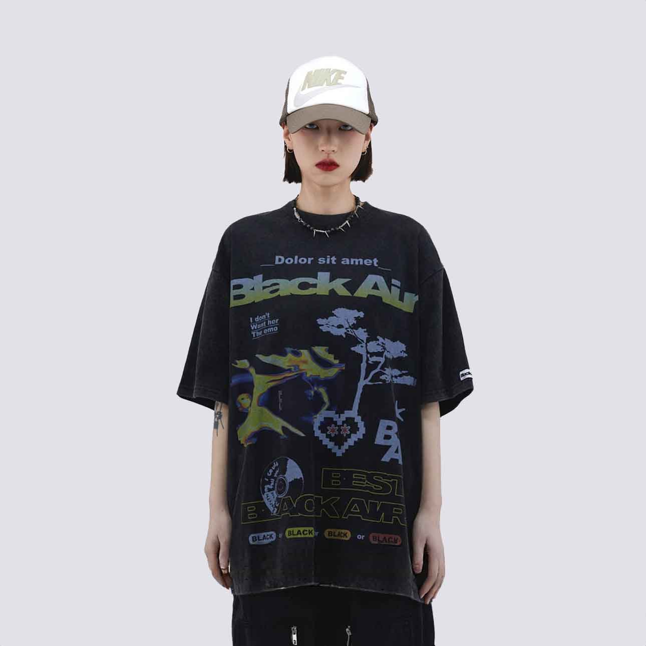 Black Air Retro Element Pattern Printed T-shirt - Synesthetic