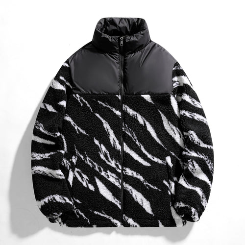 Hooded Zebra-Print Fleece Jacket – Warm Winter Coat - Black / M